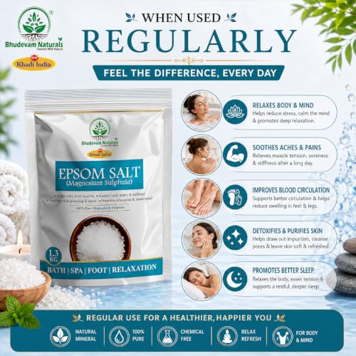 Image of Khadi Premium Grade Pure Epsom Salt for Muscle Pain Relief, Stress Reduction & Detox | 100% Pure Magnesium Sulfate Bath Soak for Relaxation, Skin Care & Foot Spa - 1.3KG