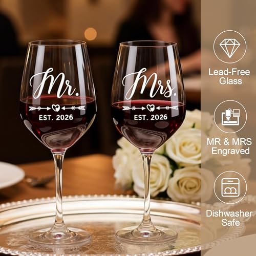 Image of Wedding Gifts for Couples 2026 Mr and Mrs Engraved Wine Glasses Engagement Gift for Newlywed Bachelorette Bridal Shower Gifts for Bride and Groom Present for Bride To Be His and Hers