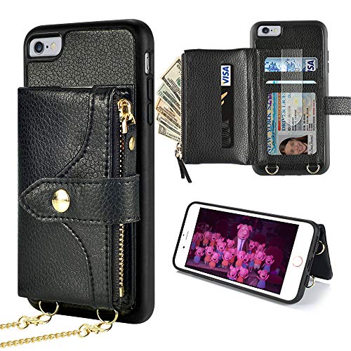 LAMEEKU Wallet Case Compatible with iPhone 6, iPhone 6s Wallet Case Zipper Case with Wrist Chain Crossbody Strap Card Holder Leather Case for iPhone 6/6s?4.7 inches Black?