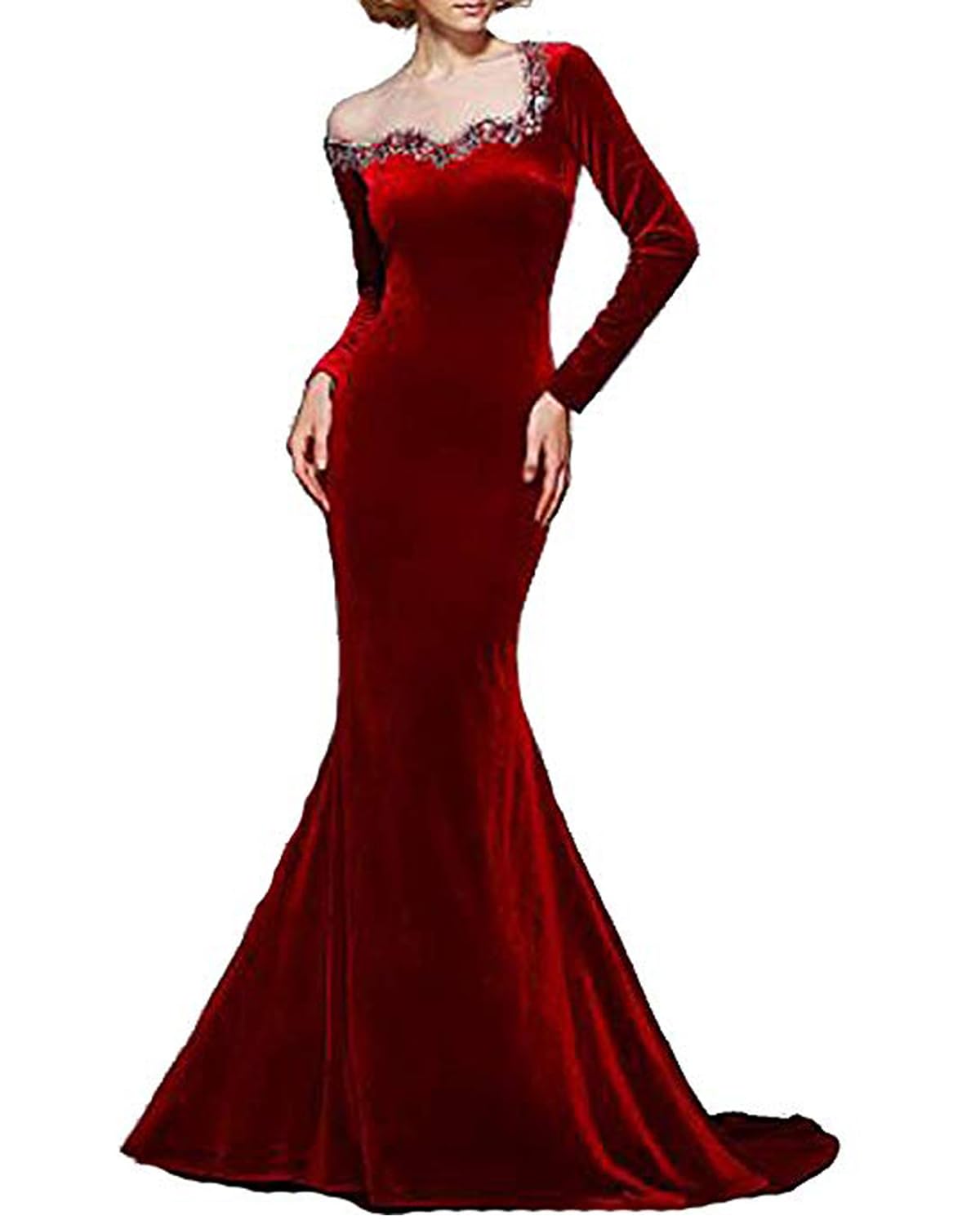 Jewel Neck Court Train Velvet Formal Evening Dress with Beading Prom Cocktail Party Dress