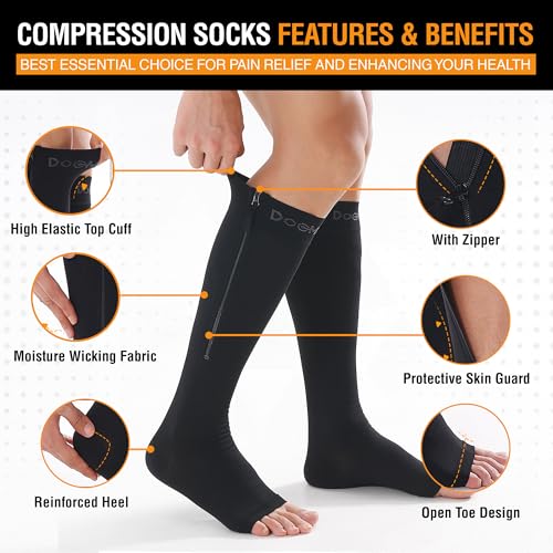 Image of Doc Miller Compression Socks with Zipper 15-20 mmHg for Women & Men | Open Toe, Knee High, Wide Calf, Circulation Support, Swelling, Travel, Work, Pregnancy, All-Day Wear, 1 Pair