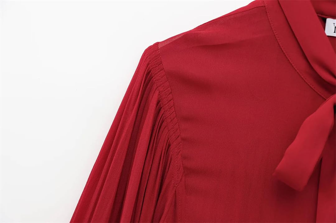 Elegancka bluzka damska z długim rękawem vintage bluzka czerwona kokardka bluzka, Czerwony, S