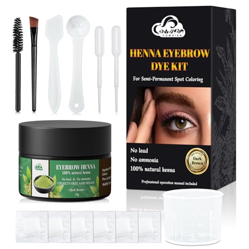 Comdian Henna Eyebrow Tint Kit, Natural Waterproof & Smudge-Proof Eyebrow Dye Powder 15 Grams, Professional Instant Spot Coloring Kit for Home and Salon Dark...