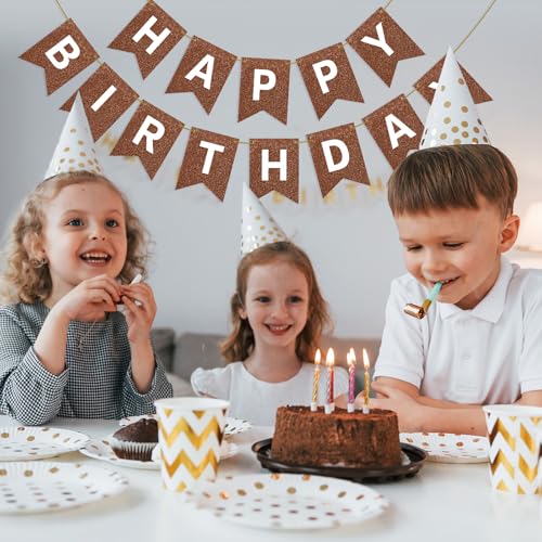 Image of Hooqict Happy Birthday Banner Brown Birthday Party Decorations Backdrop for Kids Adults Celebrations Brown Chocolate Party Banner Sign Wall Porch Door Hanging Garland