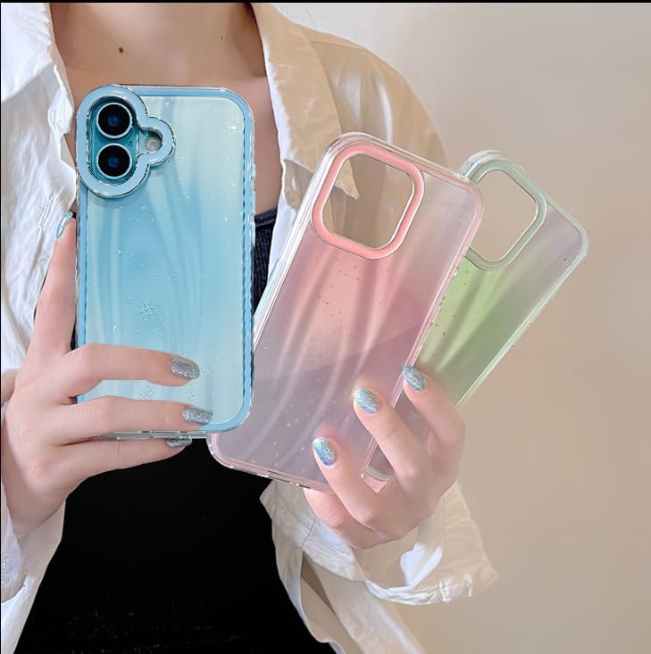 Image of VONZEE Compatible for iPhone 16 6.1'' Case Bling Star Gradient Shiny Colorful Case with Full Camera Protection Shockproof Case PC+TPU Glossy Shiny Cover for Girls Women,Pink