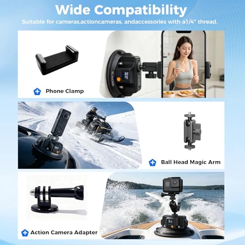 Image of 4.5 inch Electric Camera Suction Cup Mount with Ball Head Arm & Adapter, Heavy-Duty Metal Car Mount for Camera /Action Camera /Phone, 50KG Suction for Car Windshield /Boat /Window, 1 /4 inch 3 /8 inch Threads