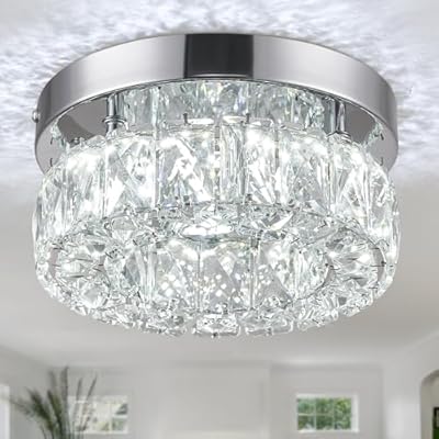 7.9 Inch Modern Mini Crystal Chandelier LED Flush Mount Ceiling Light - 16W 6000K Cool White, Round Crystal Lamp for Hallway, Kitchen, Bathroom, Bedroom, Laundry (Room) and Dining Room Lighting