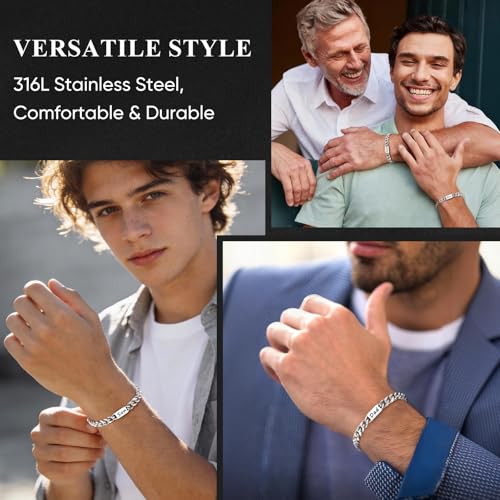 Stainless Steel Bracelet Gifts for Him Son - Silver Cuban Chain Link Men's Bracelet Gifts Classic Hip Hop Stacking Layered Birthday Christmas Anniversary Personalized Son Jewelry Gifts from Mom Dad - image 3