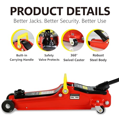 2 Ton Floor Jack Low Profile, Heavy Duty Steel Racing Floor Jack with Single Piston Quick Lift Pump, Lifting Range 3.3\"-15.2\", Red