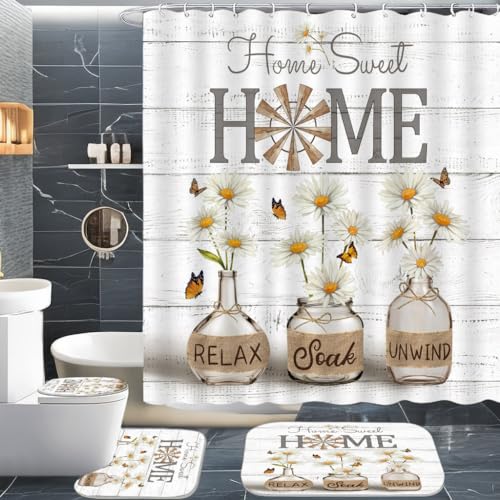 ALEXEX 4 PCS White Daisy Shower Curtain Sets,Home Sweet Bathroom
