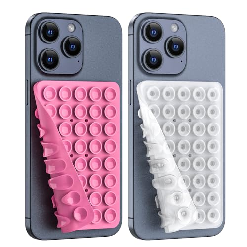 Image of Double Sided Silicone Suction Phone Holder Mount, Silicon Accessory for iPhone and Android, Hands-Free Mirror Shower Phone Holder, TikTok Videos and Selfies (Pink+Transparent)