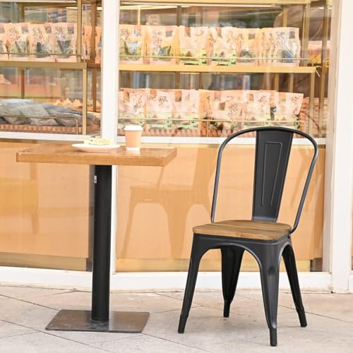RokiaTek Metal Dining Chairs Stackable Farmhouse Chairs Set of 4 with Light Elm Wood Seat Kitchen Chairs Trattoria Chairs for Restaurant Bistro Cafe Industrial/Vintage/Rustic Matte Black - Thumbnail 4