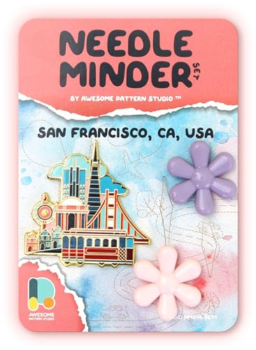 Image of Awesome Pattern Studio Needle Minder Set - San Francisco Magnetic Needle Minder + 2 Needle Threaders. Enamel Pin for Cross Stitch, Embroidery and Craft