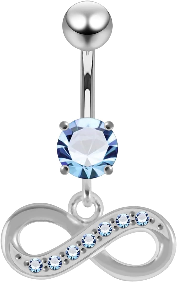 Multi Crystal Gemstone Stylish Infinity Sign Dangling Design 925 Sterling Silver with Stainless Steel Belly Ring - Belly Button jewelry - Navel jewelry