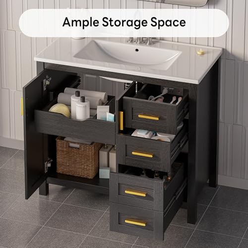 LIKIMIO 36 Inch Black Bathroom Vanity with Sink, Modern Single Sink Bath Vanity with Drawers & 2 Doors, Built-in Power Outlet, Freestanding Bathroom Cabinet with Top Combo