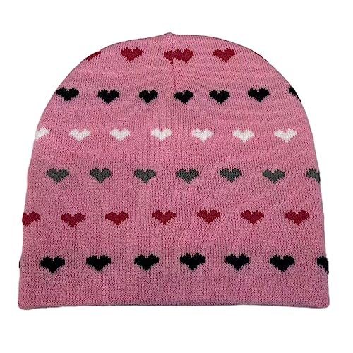Teens Winter Elastic Windproof Hat with Heart Pattern Ear Protector Hat Winter Cycling Skiing Hiking Supplies Pink