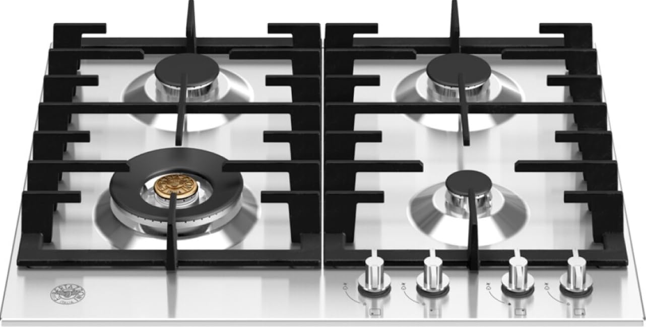F.LLI BERTAZZONI, MODERN, P604LMODX, Piano Cottura Inox A Gas con 4 Fuochi, Manopole Ergonomiche in Metallo, Bordo Standard, Misure 60x52 (foro 56x48) cm