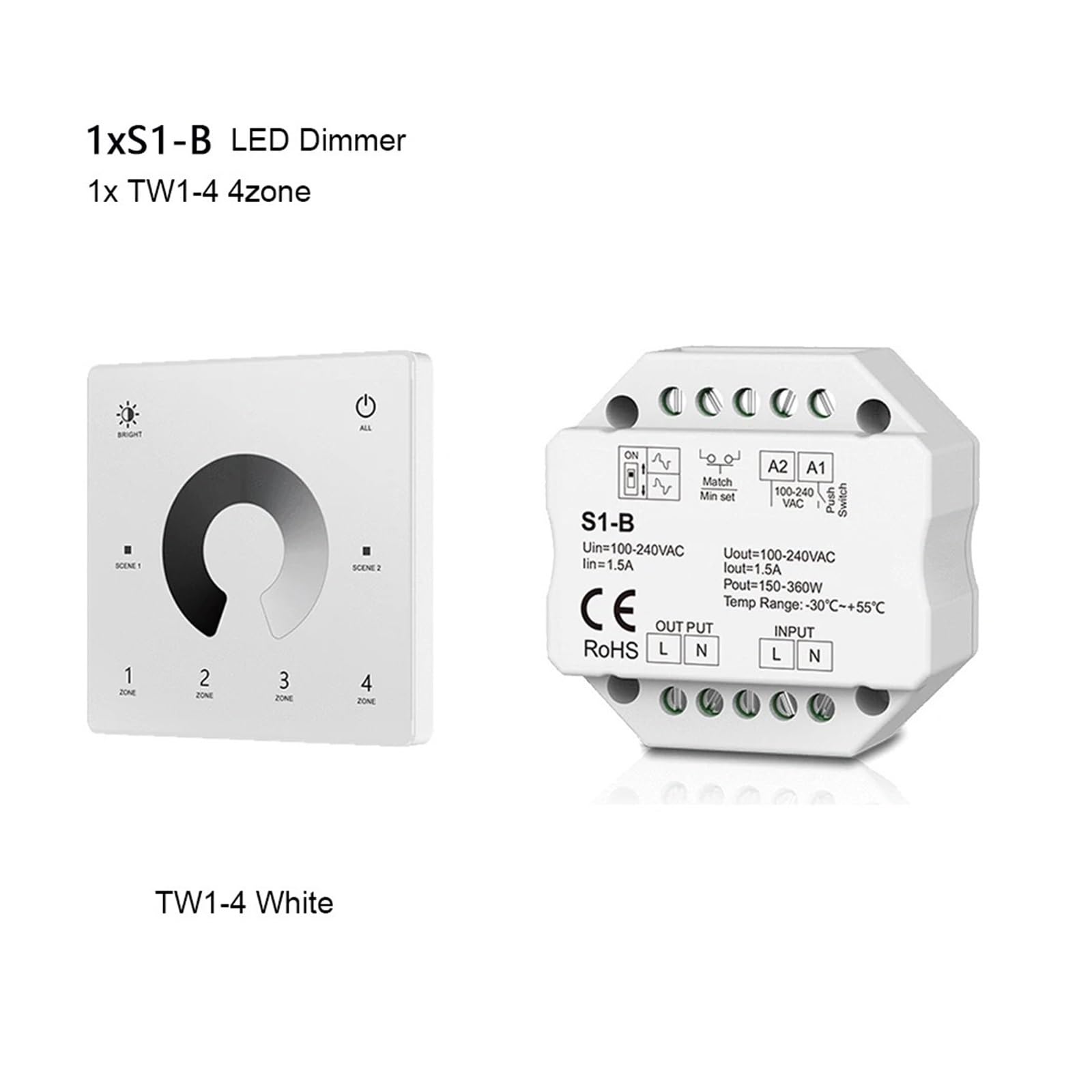 Kit de controlador de atenuación de luz LED con tiristor de CA, 110 V, 220 V, 230 V, 2,4 G, interruptor táctil de atenuación de 4 zonas, adecuado for luces LED de interior.(1xS1-B 1XTW1-4(W) KIT)