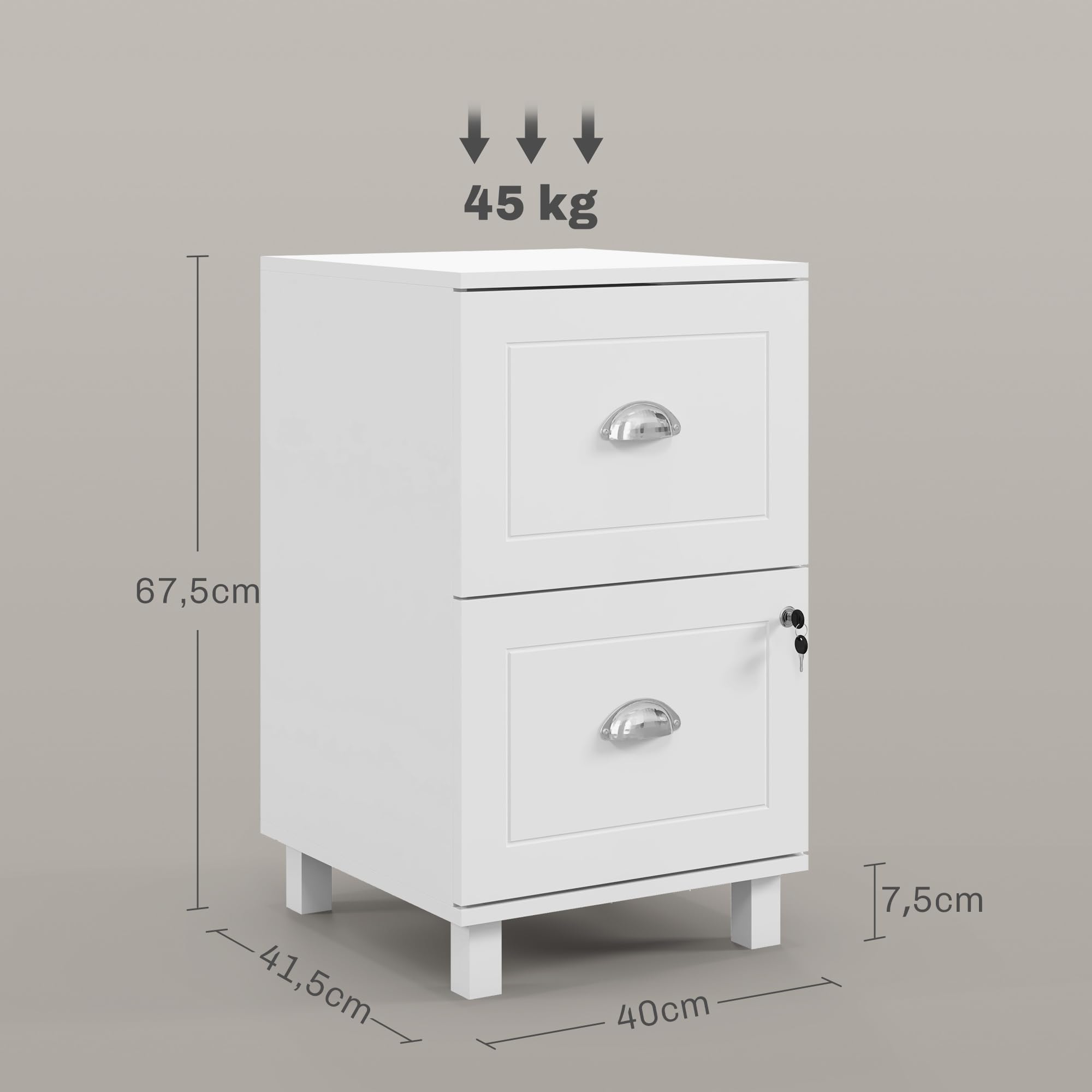 HOMCOM Cassettiera da ufficio 2 cassetti A4 e lettera 40 x 41,5 x 67,5 cm bianco | Mobile archivio, cassettiera per scrivania, con serrature, cartelle sospese