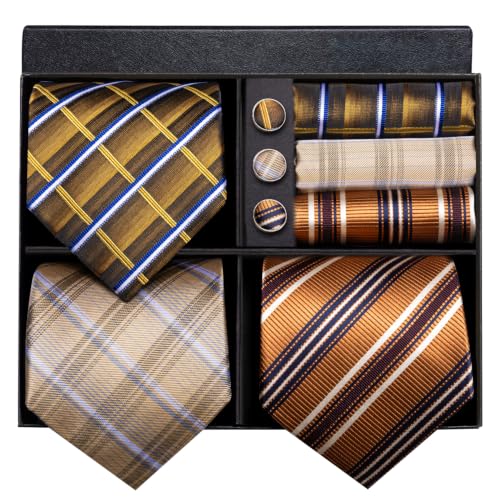 Image of Hi-Tie 3 Pcs Gift Box Mens Tie Set Necktie with Pocket Square Cufflinks Lapel Pin Silk Neck Tie Collection