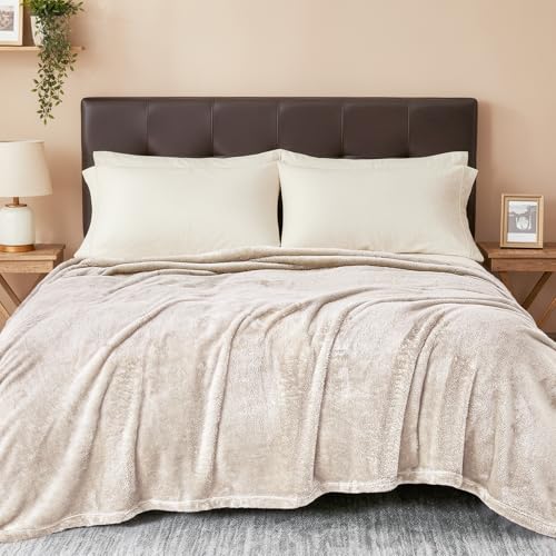 Image of Exclusivo Mezcla Plush Fuzzy Fleece Bed Blanket Queen Size, Super Soft, Fluffy and Warm Blankets for Couch, Bed, All Season (Beige, 90x90 inches)