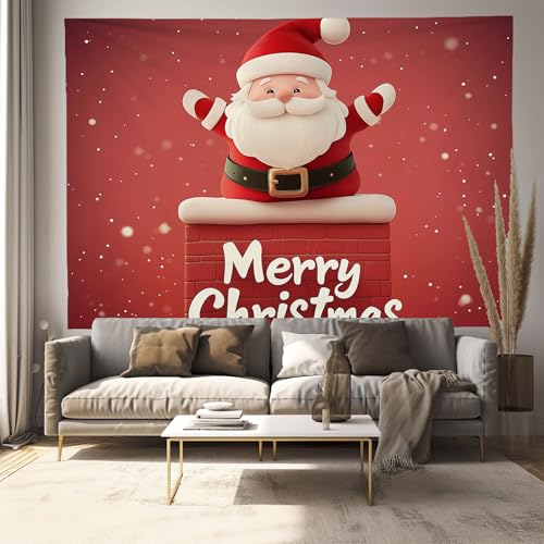 Tapisserie tissu rouge impression motif Père Noël et décoration murale cheminée