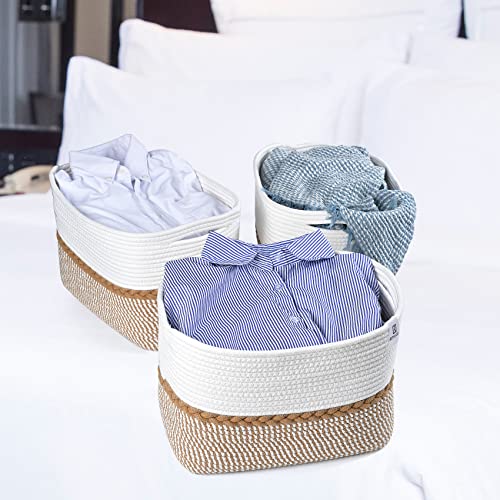 Rithlela Woven Baskets 15"X10"X9" Cotton Rope Cube Storage Baskets Set Of 3 Decorative Baskets Closet Cloth Storage Baskets And Bins For Shelves With Handles For Blanket, Laundry, Clothes - Light Tan #TOP4