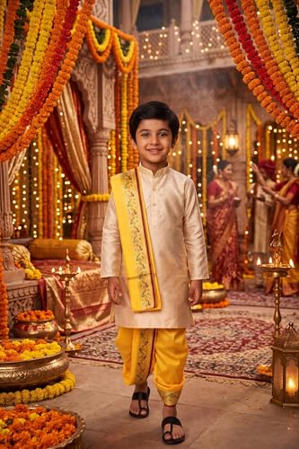 Image of Boys Dhoti Kurta Set Sherwani Style for Kids | Ethnic Traditional Kids Wear with Patiala Dhoti & Dupatta | Wedding Dress for Boys | Indian Cultural Outfit for Puja Festival Party