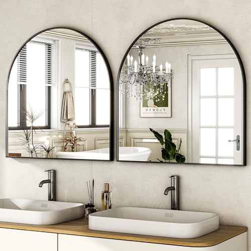 Image of HARRITPURE 26 inchx28 inch Arched Bathroom Mirror, Wall Mounted Mirror, Black Arch Mirror, Aluminum Alloy Frame Wall Mirror for Living Room, Bedroom and Entryway