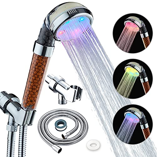 KAIREY Filtered Shower Head with Beads Led lights color changing showerhead filter for hard water and chlorine water softener for Dry Skin & Hair with Hose and Holder