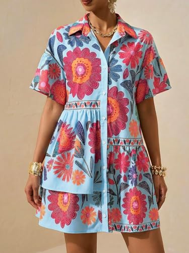 Image of SOLY HUX Women's Floral Button Down Shirt Dress Collared Short Sleeve Ruffle Babydoll Summer Boho Vacation Short Dresses