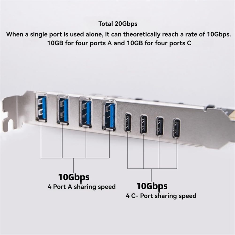 Tarjeta de Adaptador de Tarjeta de Expansión PCI-e de 8 Puertos USB 3.2 20Gbps 4 Tipo-C + 4 Tipo-A Tarjeta de Expansión para PC de Escritorio Tarjeta Host