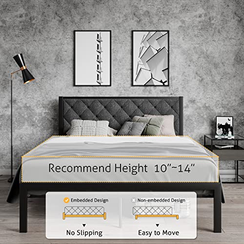 Sha Cerlin Full Size Metal Bed Frame, Fabric Upholstered Bed With Button Tufted Headboard, Mattress Foundation With 17 Strong Metal Slats Support, No Box Spring Needed, Easy Assembly, Dark Grey #TOP7