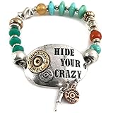 Western Peak Hammered Plate Hide Your Crazy Act Like a Lady 12 Gauge Shotgun Shell Leather Cuff Bracelet Necklace (Stretch Bracelet)