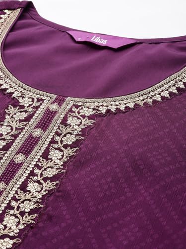 Image of Libas Womens Printed Chiffon Straight Kurta With Trousers and Dupatta | daily wear suit