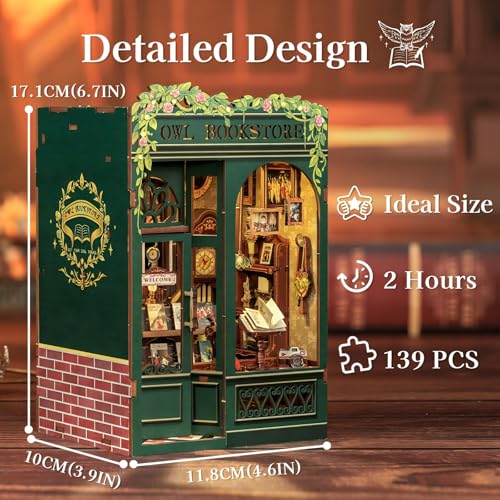 Image of Fsolis Book Nook Kit, DIY Miniature House Kit for Adults Tiny House Mini Bookshelf Diorama Building Kit 3D Wooden Puzzle for Adults Bookish Gifts for Women Book Lovers Readers (OWL Bookstore)