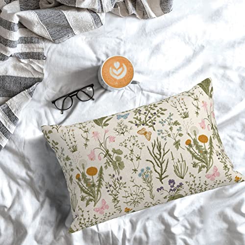 Image of AEIOAE Spring Pillow Covers 12x20 Inch Set of 2,Sage Green Wild Flower Plant Throw Pillows Case,Seasonal Floral Outdoor Decorative Square Linen Farmhouse Decor Cushion Covers for Home Sofa Bed Couch