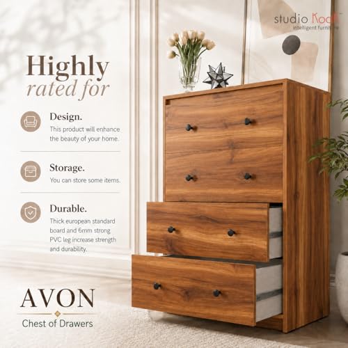 Image of Studio Kook Avon Engineered Wood Chest of Drawers, 4 Drawers (Matte Finish) (Amber Walnut)