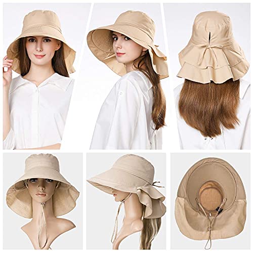 Image of SANNIDHI Polyester Sun Hats for Women Girls Fashion Wide Brim Hat Sun Uv Protection Summer Hats with Ponytail Hole Back Neck Flap Cover Cap Beach Hat for Women-Beige, Free Size