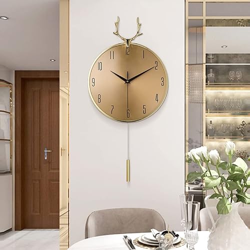 XMDHHAMN Large Metal Wall Clocks for Living Room Decor Battery Operated Non Ticking 29in Modern Gold Deer Head Pendulum Wall Clock for Offices Meeting Rooms Bedrooms and Classroom（Golden）