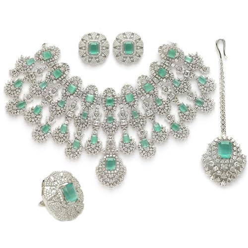 Image of ZENEME Rhodium-Plated American Diamond Studded Tasselled Necklace With Earrings Ring & MaangTikka Jewellery Set For Girls and Women