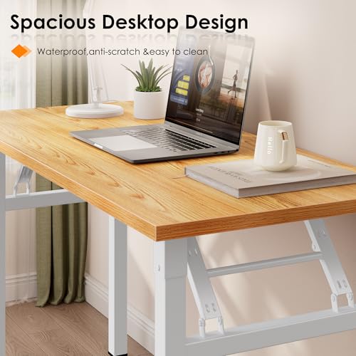 Image of Need 35.8 Inch Folding Desk for Small Spaces, Home Office Computer Desk with Teak Wood Top & White Frame, Foldable Writing Table for Study, Bedroom, Dorm Room & Student