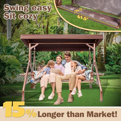 Image of ZZW 3 Person Patio Swing Outdoor Swing for Adults with Adjustable Canopy &Upgraded Cup Holders Textilene Fabric Porch Swing Chair with Stand Heavy Duty 800 LBS
