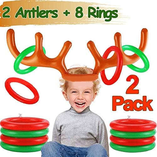 WHITE HILL 2 x Christmas Party Toss Game Inflatable Reindeer Antler Hat with Rings for Kids Adults Family Xmas Fun Games
