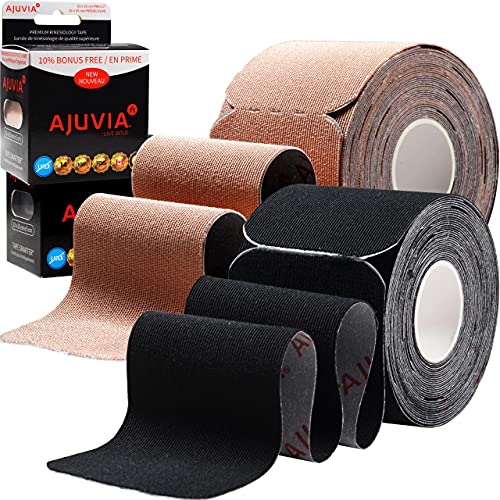 AJUVIA Kinesiology Tape - Lasts UP to 14 Days (20 Strips Precut + 2 Extra, 2\" x 10\") Latex Free - Waterproof Athletic Tape - Elastic Sports Tape (Beige & Black Bundle)