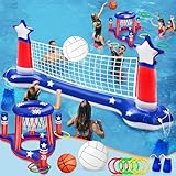 Pool Games Set, Volleyball Net & Basketball Hoop & Ring Toss, 3-in-1 Large Inflatable Water Sport Game Toys for Multi-Player Adults Kids American Flag Swimming Beach Toy for Party Summer