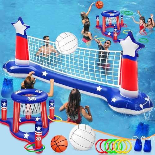 Pool Games Set, Volleyball Net & Basketball Hoop & Ring Toss, 3-in-1 Large Inflatable Water Sport Game Toys for Multi-Player Adults Kids American Flag Swimming Beach Toy for Party Summer
