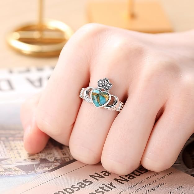 Heart Turquoise/Malachite/Black Onyx Claddagh Rings 925 Sterling Silver Celtic Knot Ring Turquoise Rings for Women Engagement Ring Irish Jewelry Gifts Size 6-9 - Image 5