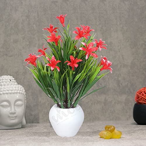 Image of Modo Wheat Grass Artificial Buttercup Flowers Plant with Round Pot for Office,Home,Indoor Decore /Guldasta-21 CM (Red,1 Piece)