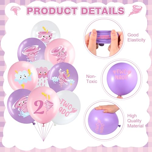 Image of Blosssound 45 Pcs Two Nado Birthday Party Decorations for Girls Two Nado Balloons Tornado Theme Balloon with Pink and Purple Ribbons Tornado 2nd Birthday Party Decor for Girl Kid Baby Shower Supplies
